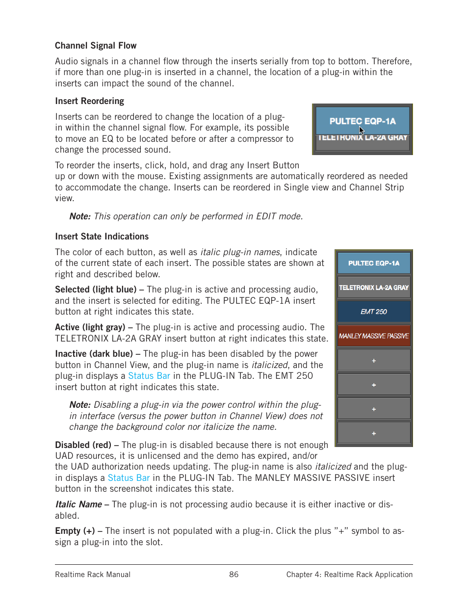 Channel signal flow, Insert reordering, Insert state indications | Universal Audio Realtime Rack User Manual | Page 86 / 155
