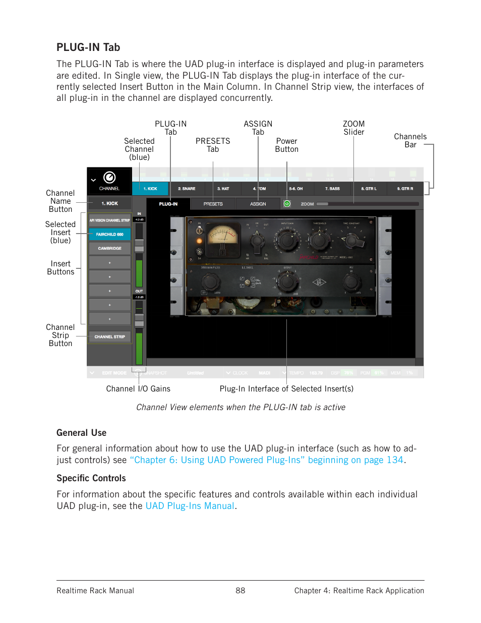 Plug-in tab, General use, Specific controls | General use specific controls | Universal Audio Realtime Rack User Manual | Page 88 / 155