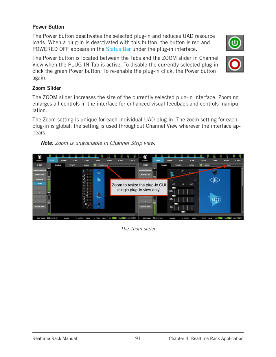 Power button, Zoom slider, Power button zoom slider | Universal Audio Realtime Rack User Manual | Page 91 / 155