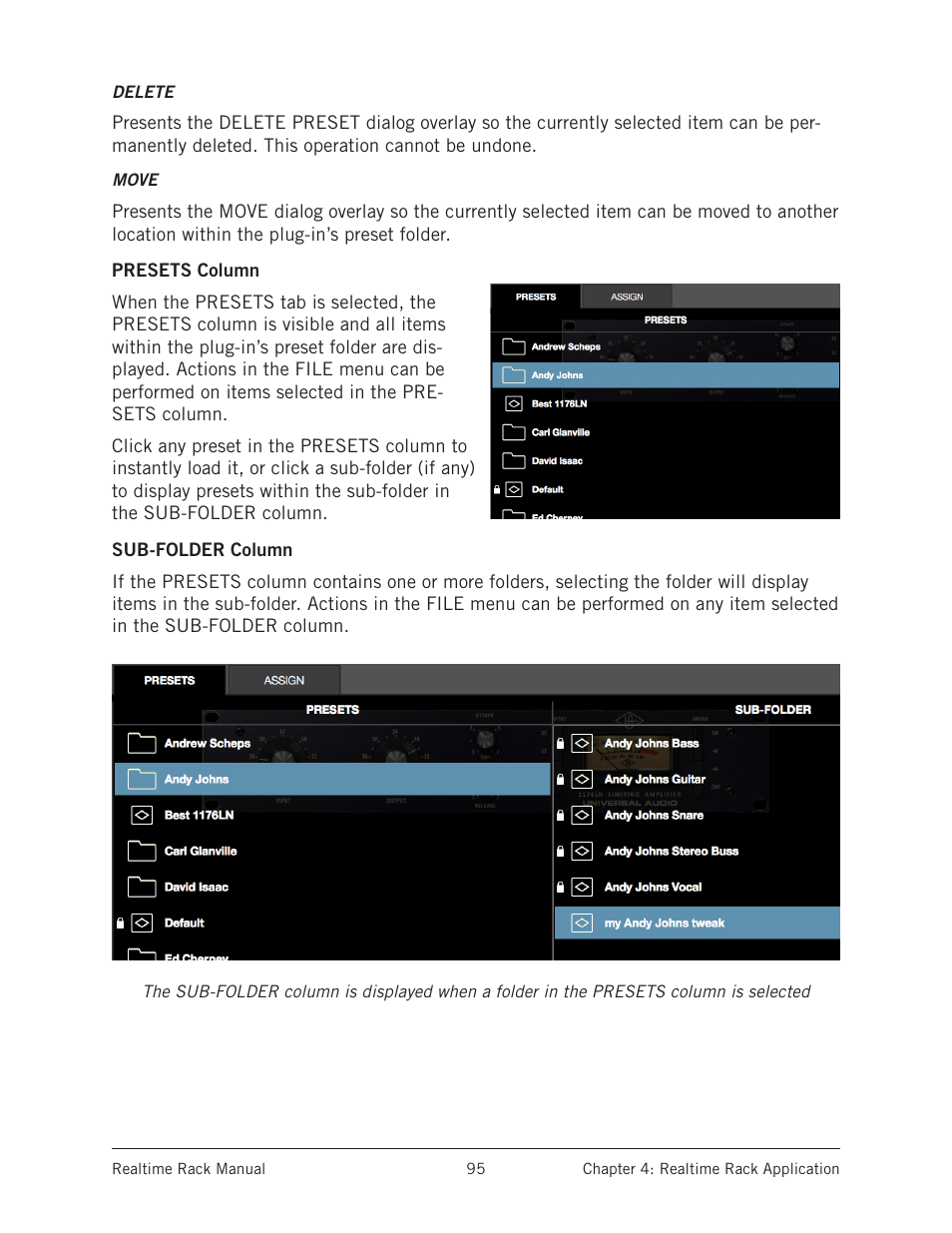 Presets column, Sub-folder column, Presets column sub-folder column | Universal Audio Realtime Rack User Manual | Page 95 / 155
