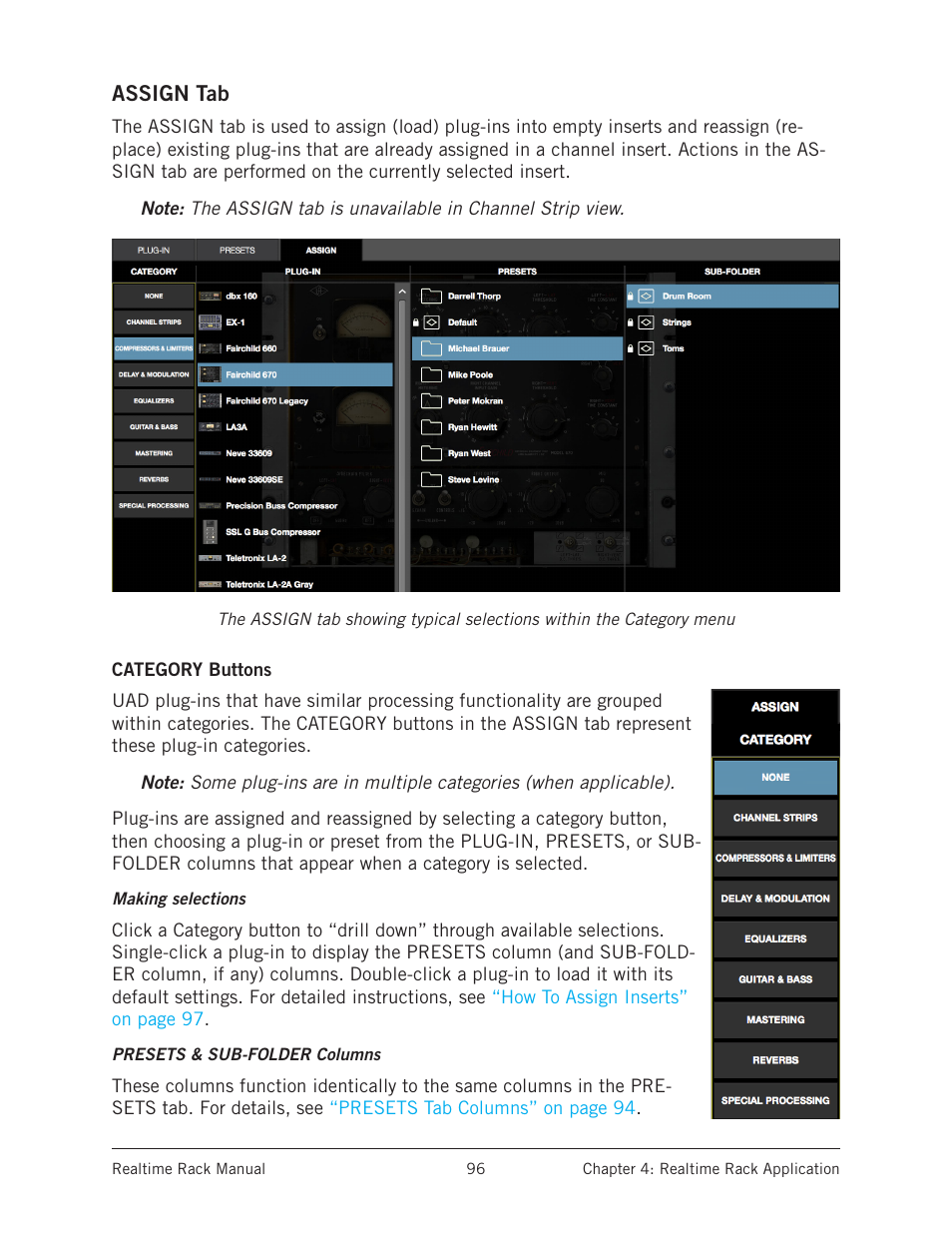 Assign tab, Category buttons | Universal Audio Realtime Rack User Manual | Page 96 / 155