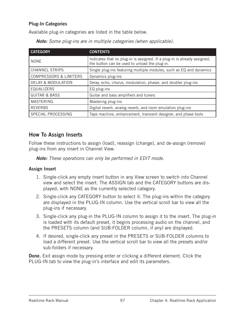 Plug-in categories, How to assign inserts, Assign insert | Default settings. for detailed instructions, see | Universal Audio Realtime Rack User Manual | Page 97 / 155