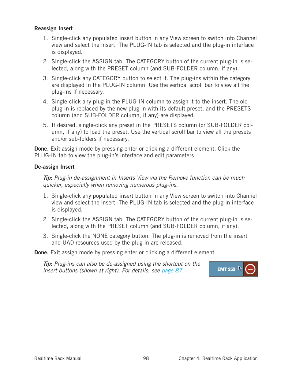 Reassign insert, De-assign insert, Reassign insert de-assign insert | Universal Audio Realtime Rack User Manual | Page 98 / 155