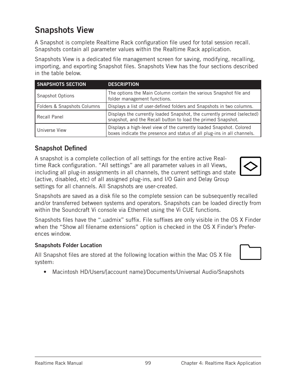Snapshots view, Snapshot defined, Snapshots folder location | Universal Audio Realtime Rack User Manual | Page 99 / 155