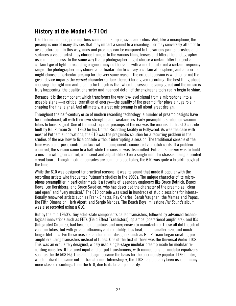 History of the model 4-710d | Universal Audio 4-710d Four-Channel Tone-Blending User Manual | Page 27 / 43