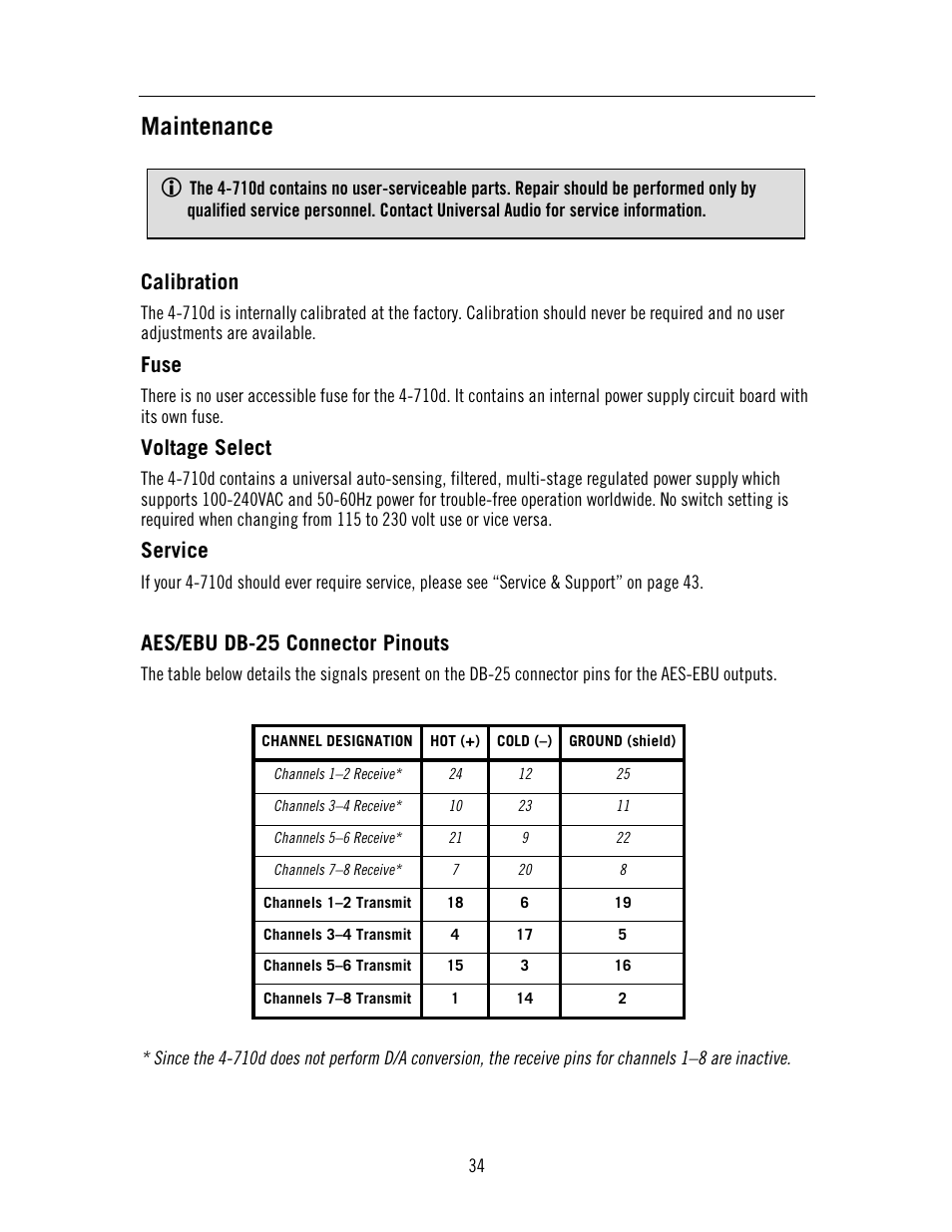 Maintenance, Calibration, Fuse | Voltage select, Service, Aes/ebu db-25 connector pinouts | Universal Audio 4-710d Four-Channel Tone-Blending User Manual | Page 34 / 43