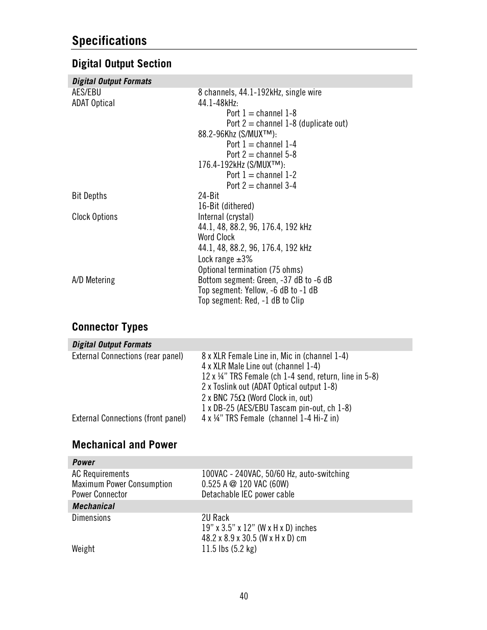 Specifications | Universal Audio 4-710d Four-Channel Tone-Blending User Manual | Page 40 / 43