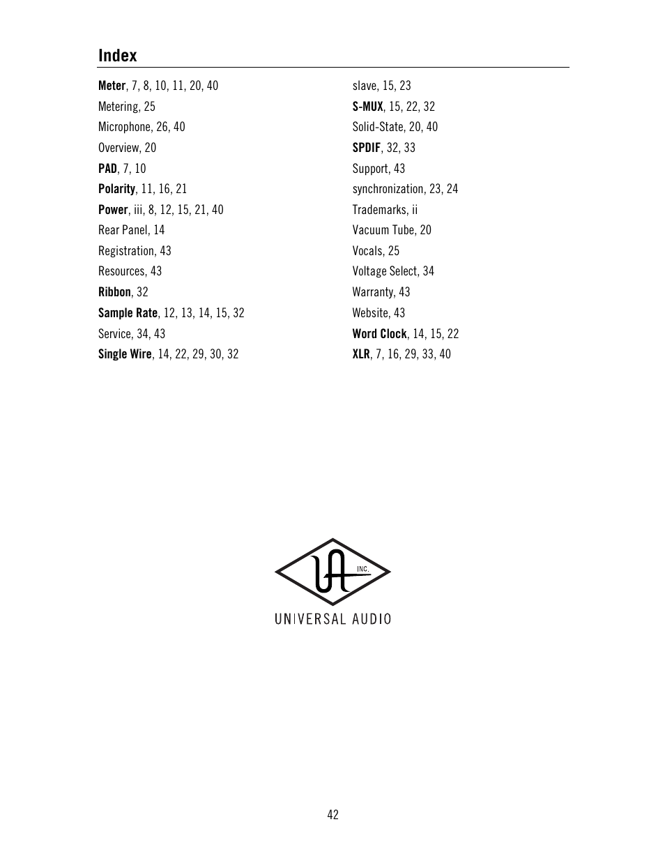 Index | Universal Audio 4-710d Four-Channel Tone-Blending User Manual | Page 42 / 43