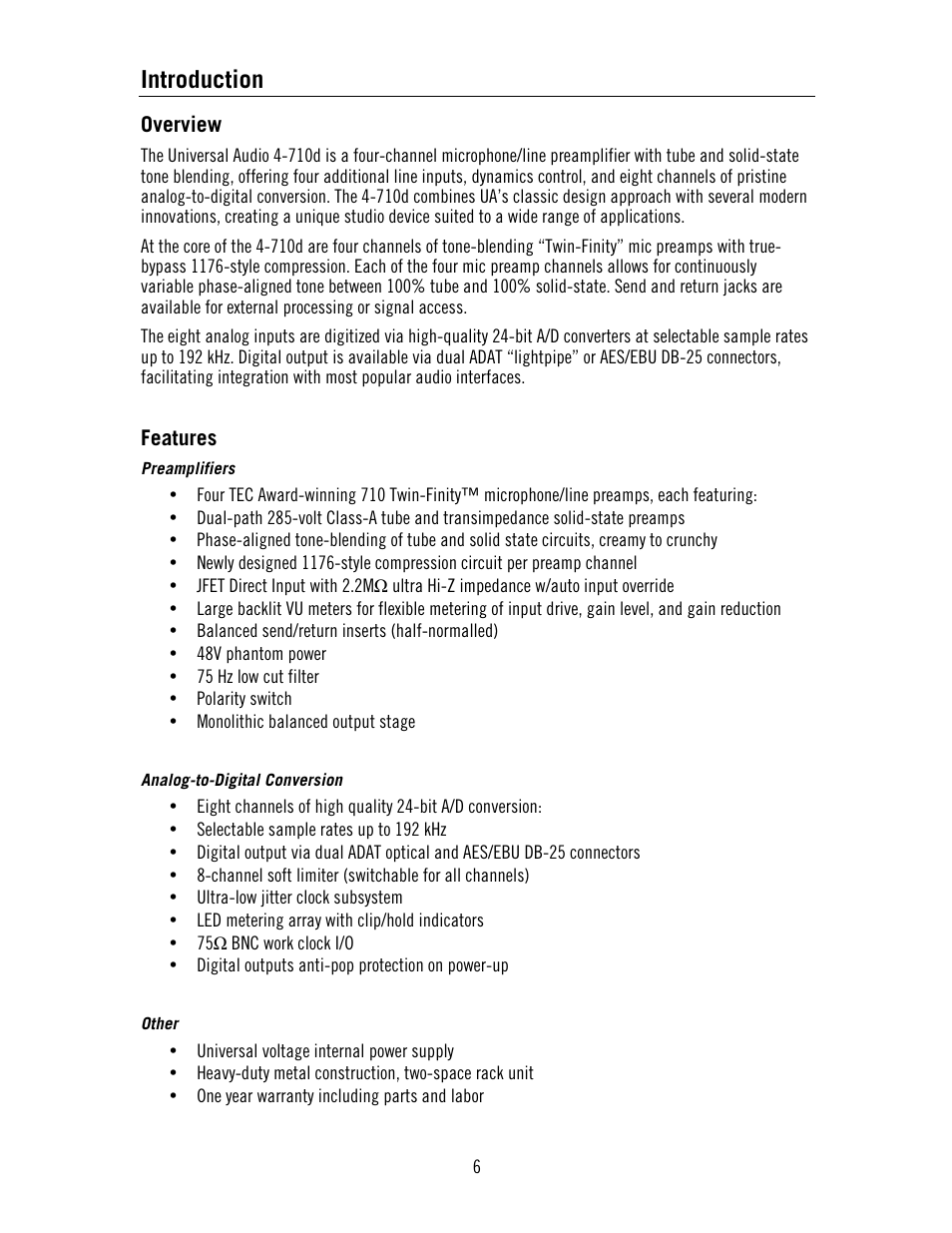 Introduction | Universal Audio 4-710d Four-Channel Tone-Blending User Manual | Page 6 / 43