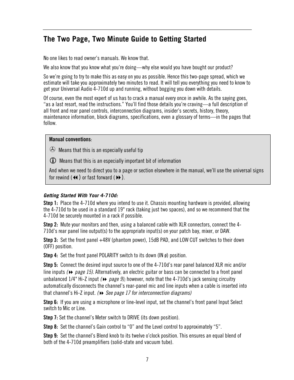 The two page, two minute guide to getting started | Universal Audio 4-710d Four-Channel Tone-Blending User Manual | Page 7 / 43