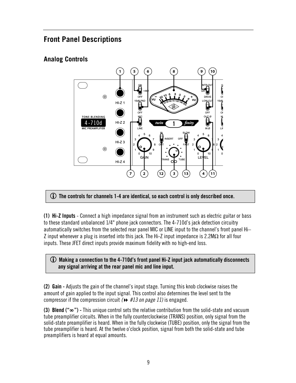 Front panel descriptions | Universal Audio 4-710d Four-Channel Tone-Blending User Manual | Page 9 / 43