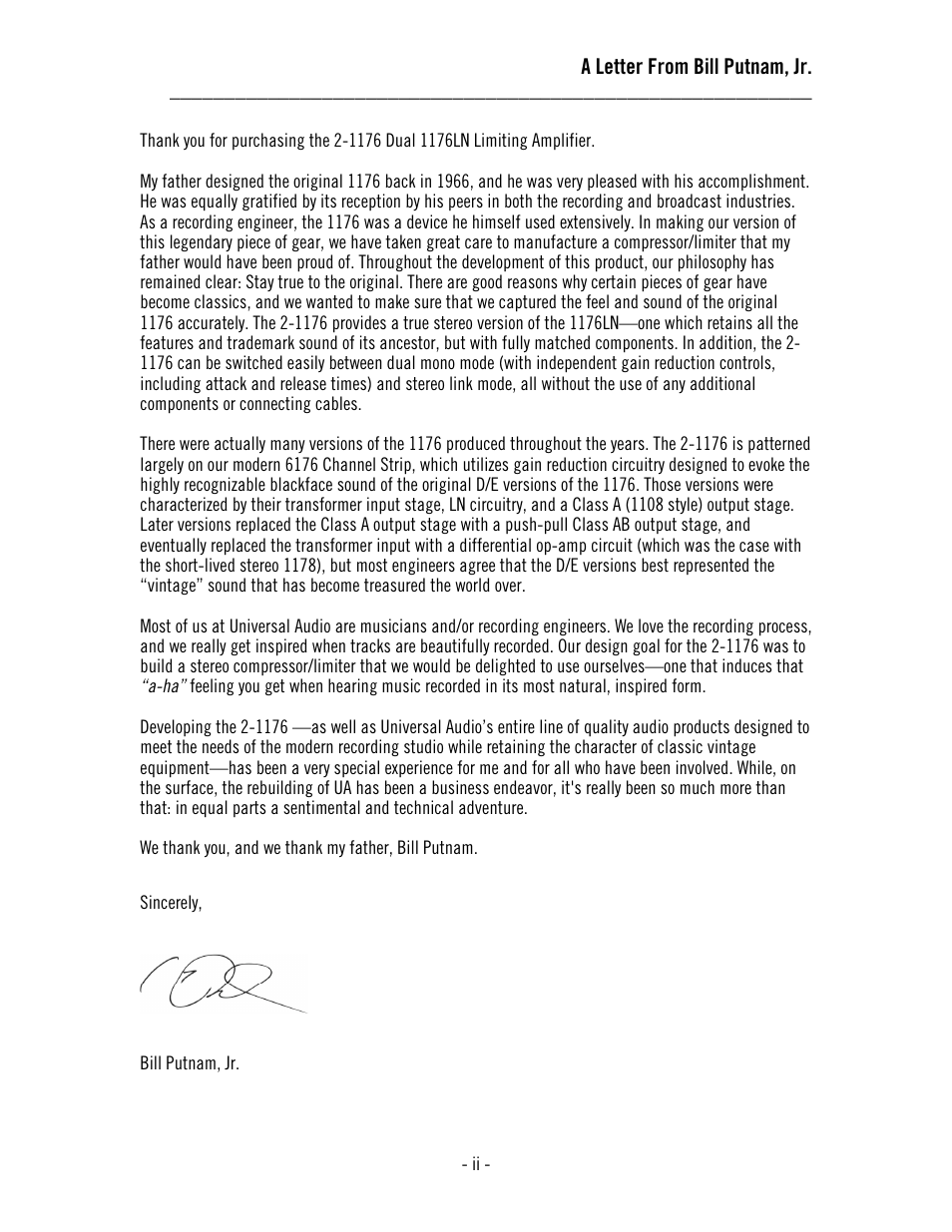 A letter from bill putnam, jr | Universal Audio 2-1176 Dual 1176LN User Manual | Page 3 / 39