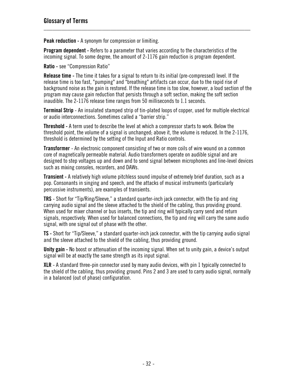 Glossary of terms | Universal Audio 2-1176 Dual 1176LN User Manual | Page 36 / 39