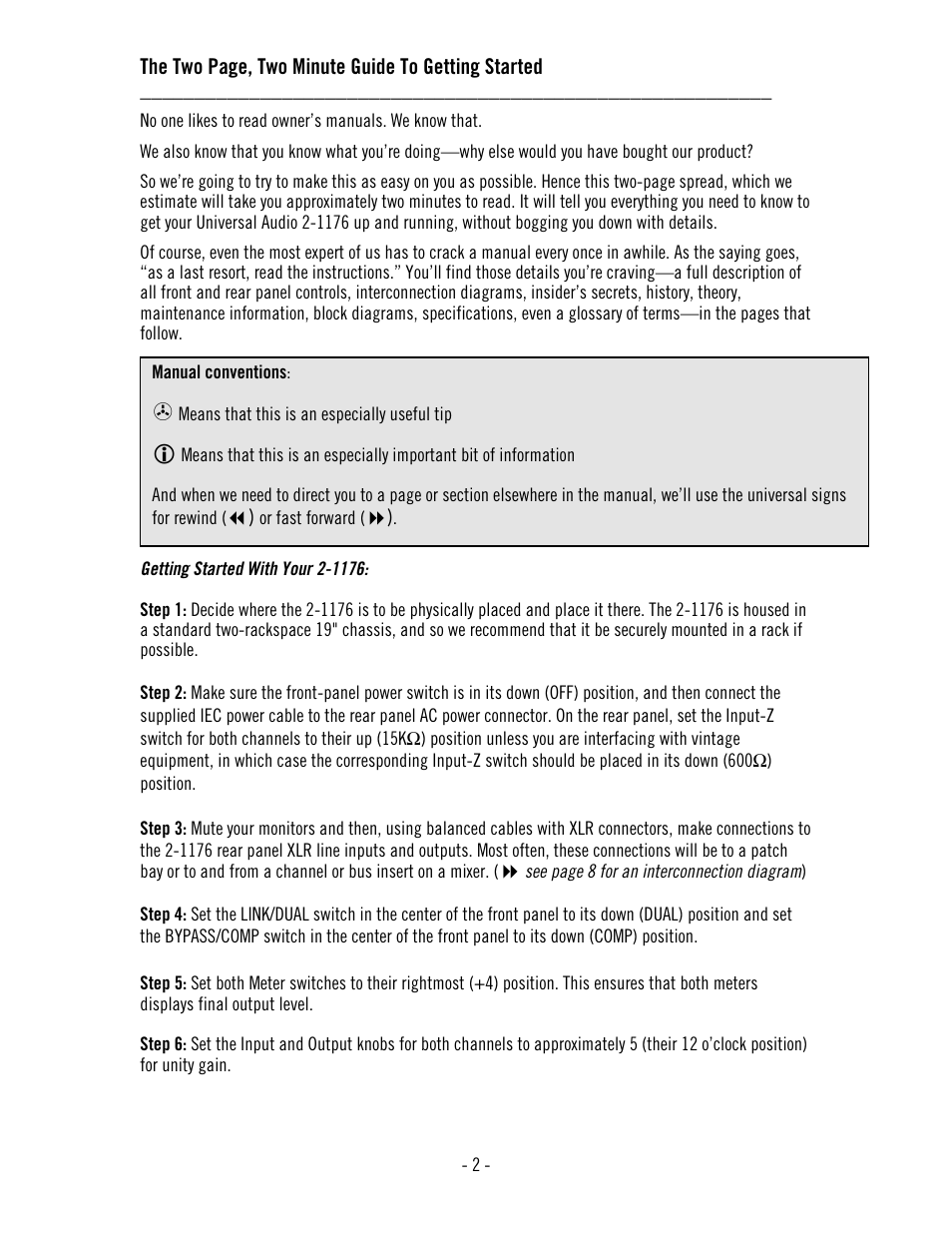 The two page, two minute guide to getting started | Universal Audio 2-1176 Dual 1176LN User Manual | Page 6 / 39