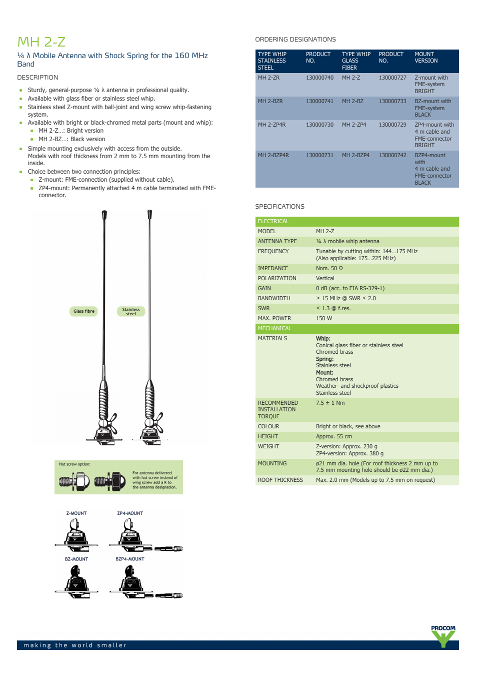 Procom MH 2-Z User Manual | 2 pages