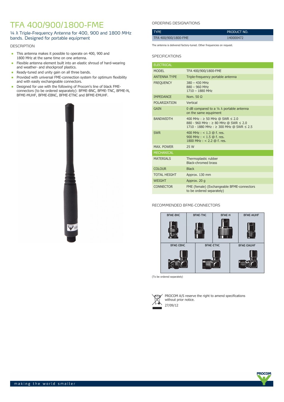 Procom TFA 400-900-1800-fme User Manual | 1 page