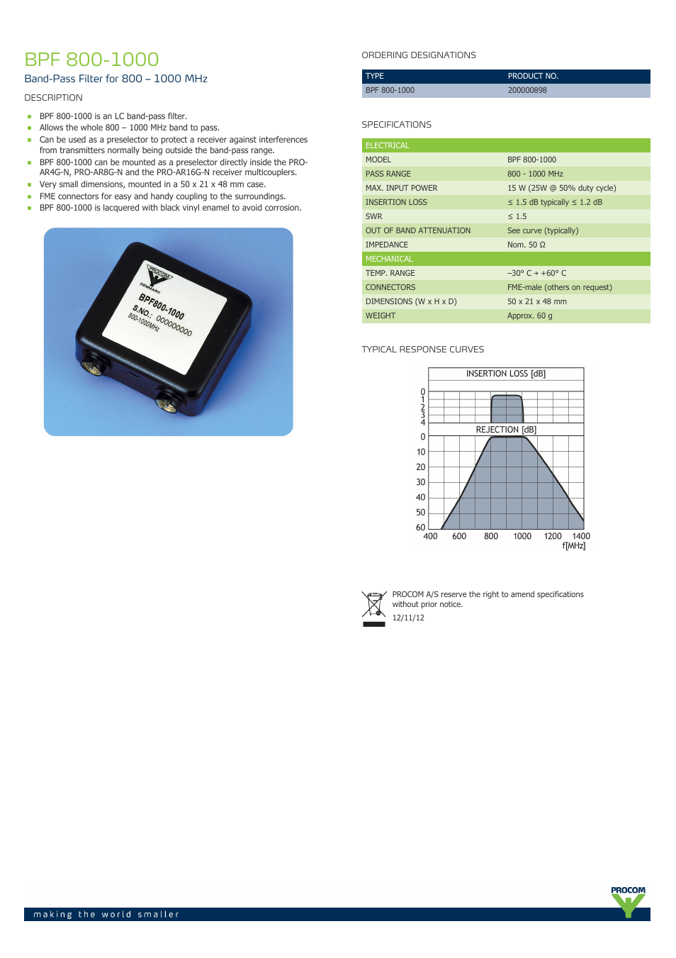 Procom BPF 800-1000 User Manual | 1 page