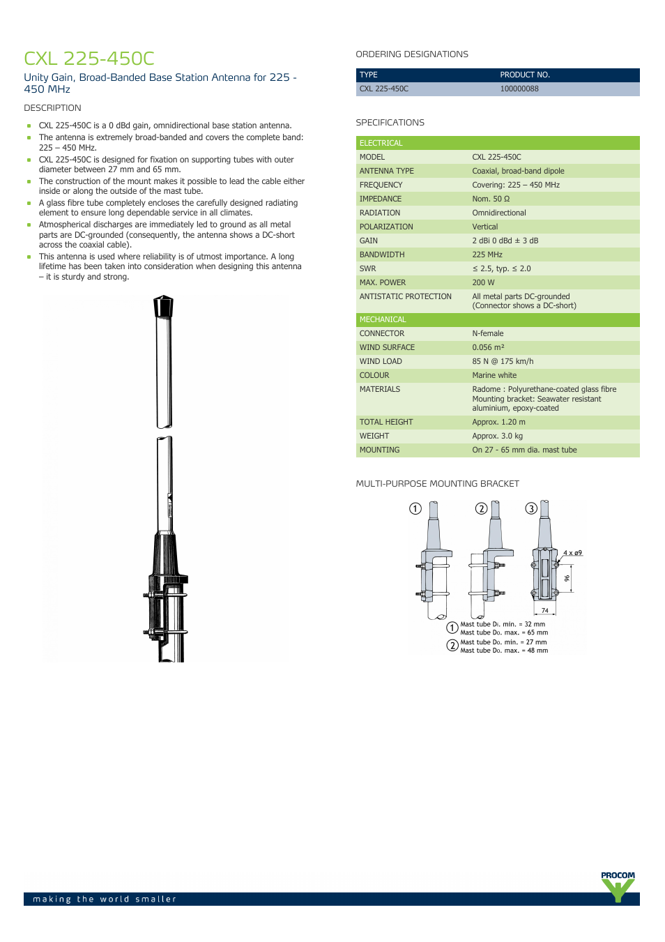 Procom CXL 225-450C User Manual | 2 pages