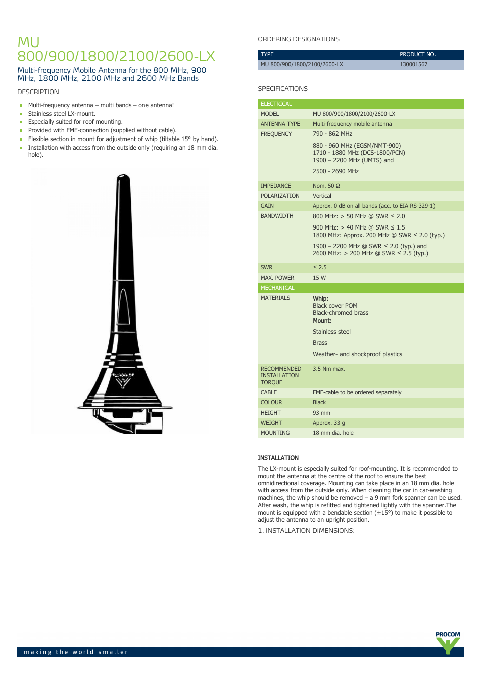 Procom MU 800-900-1800-2100-2600-lx User Manual | 2 pages