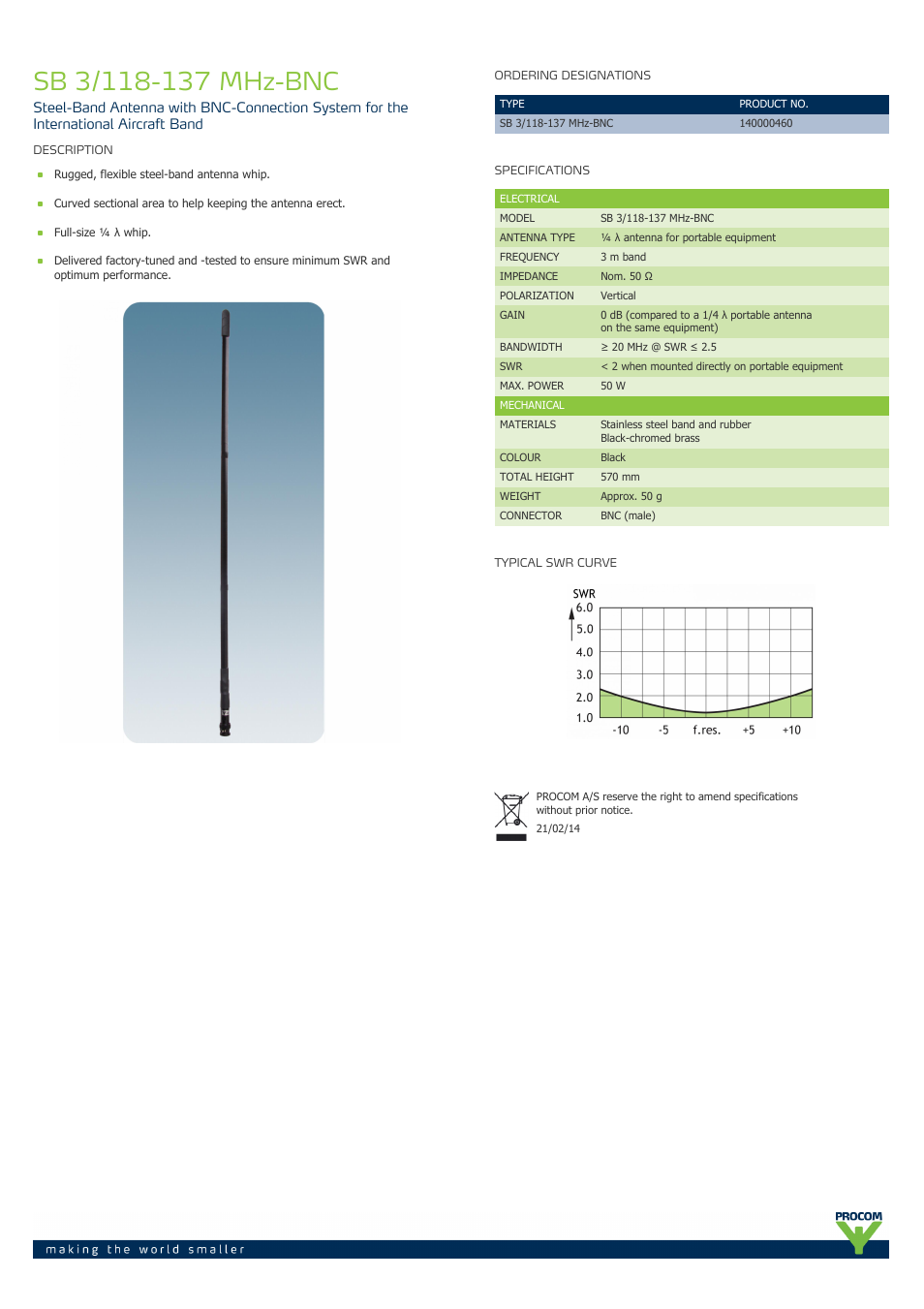 Procom SB 3-118-137-mhz-bnc User Manual | 1 page