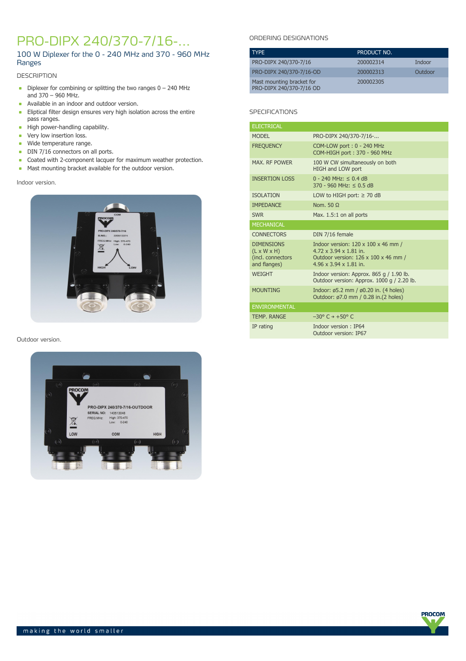 Procom PRO-DIPX 240-370-7-16-... User Manual | 2 pages