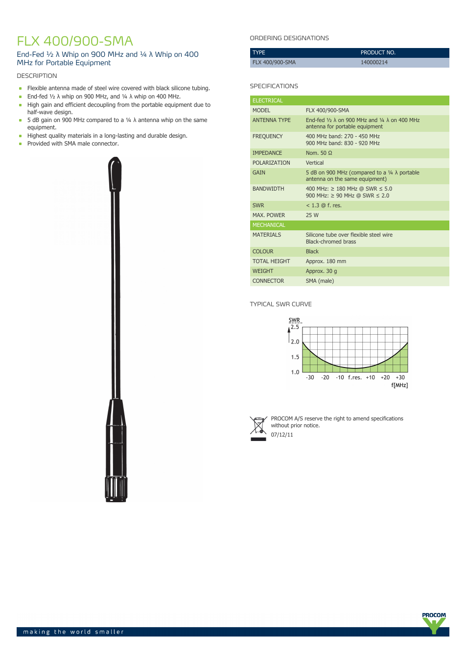 Procom FLX 400-900-sma User Manual | 1 page