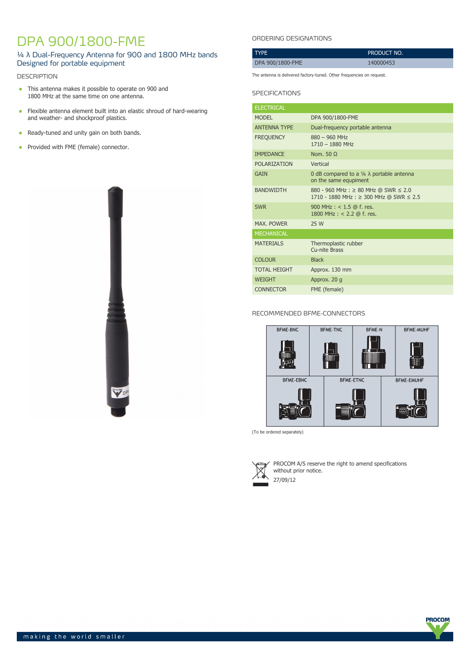 Procom DPA 900-1800-fme User Manual | 1 page