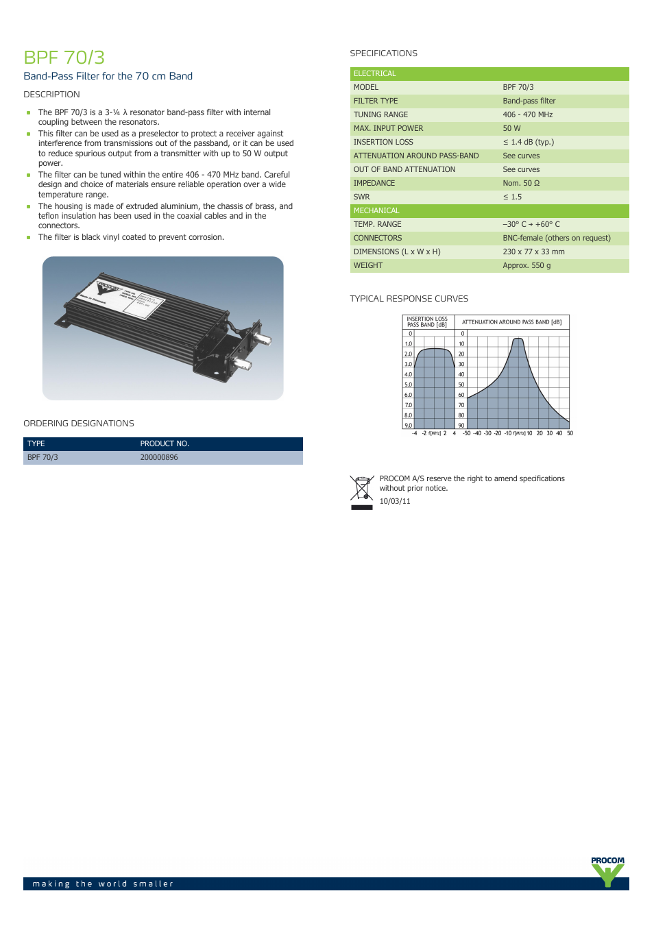 Procom BPF 70-3 User Manual | 1 page