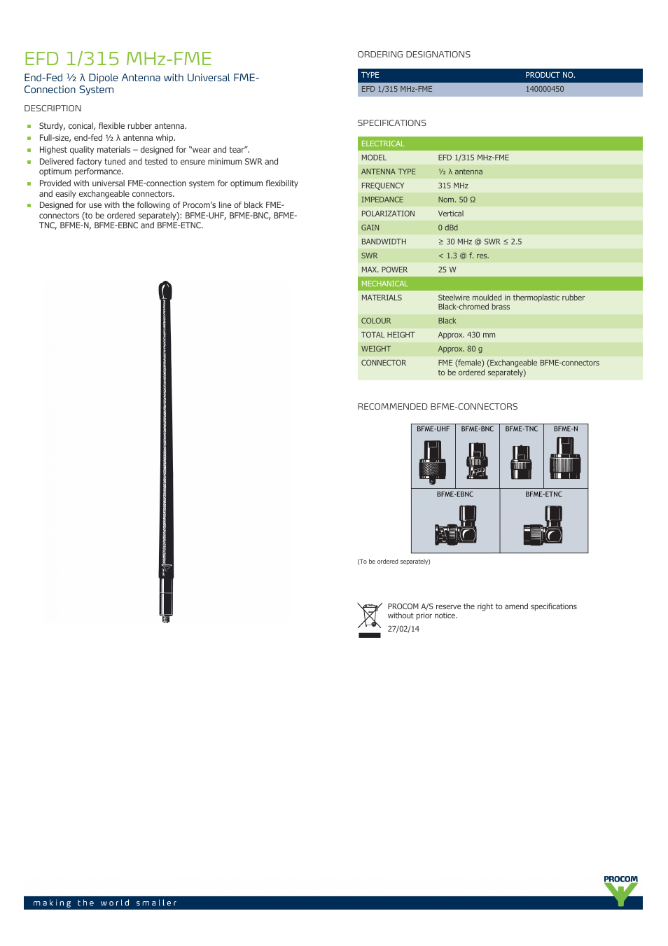 Procom EFD 1-315-mhz-fme User Manual | 1 page