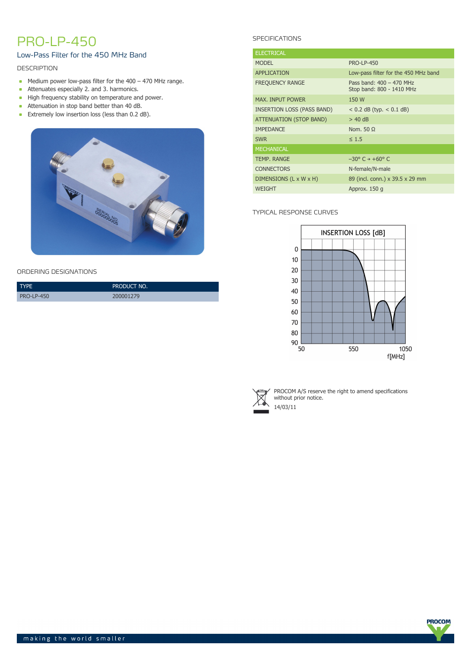 Procom PRO-LP 450 User Manual | 1 page