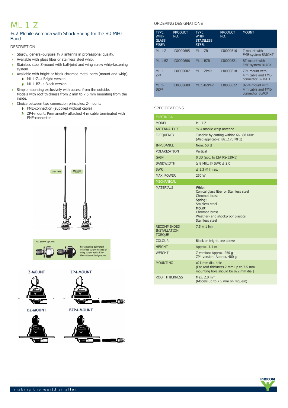 Procom ML 1-Z User Manual | 2 pages