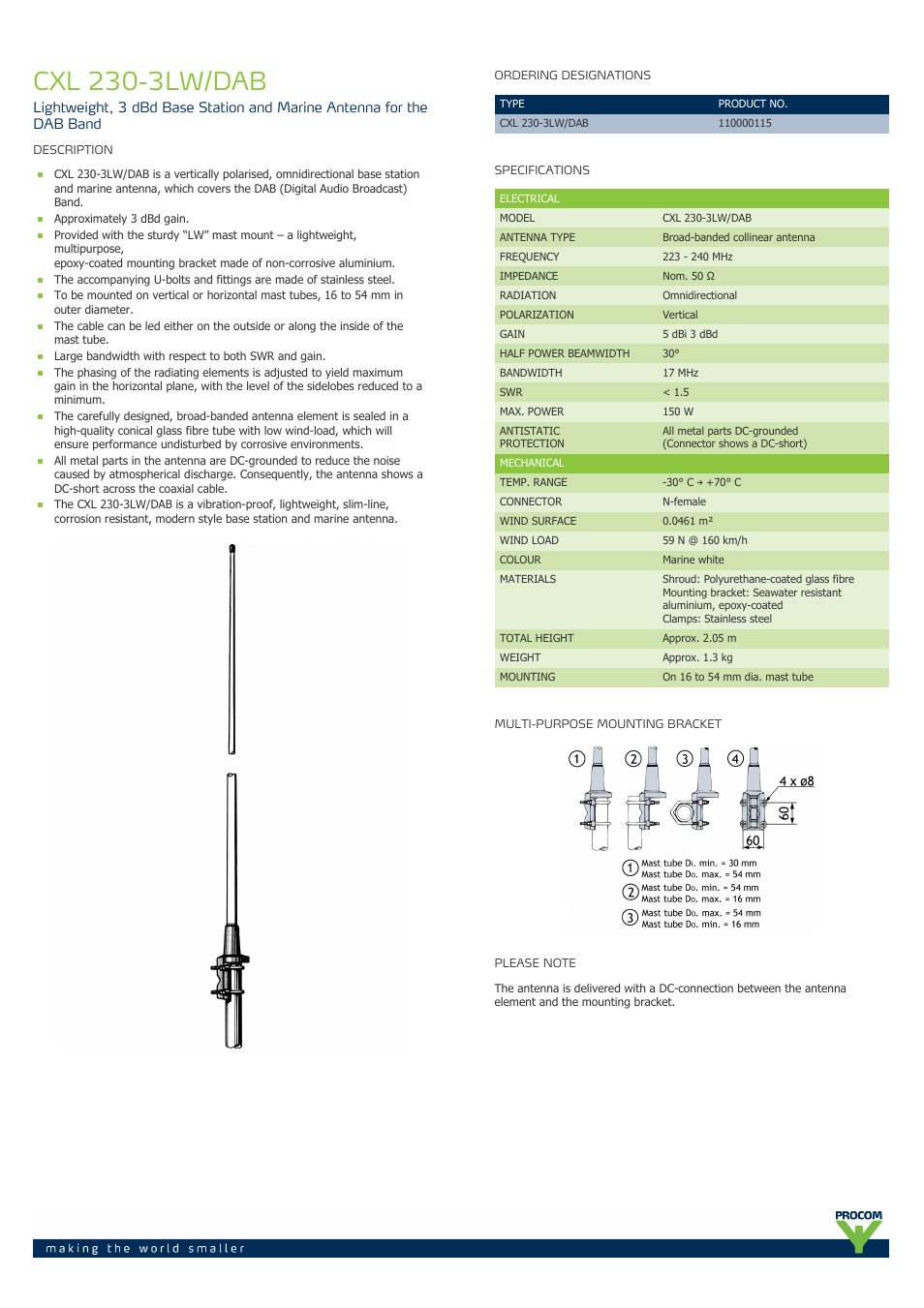 Procom CXL 230-3LW-DAB User Manual | 2 pages