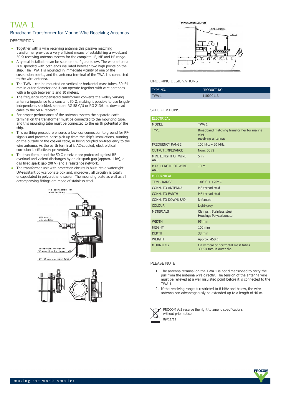 Procom TWA 1 User Manual | 1 page