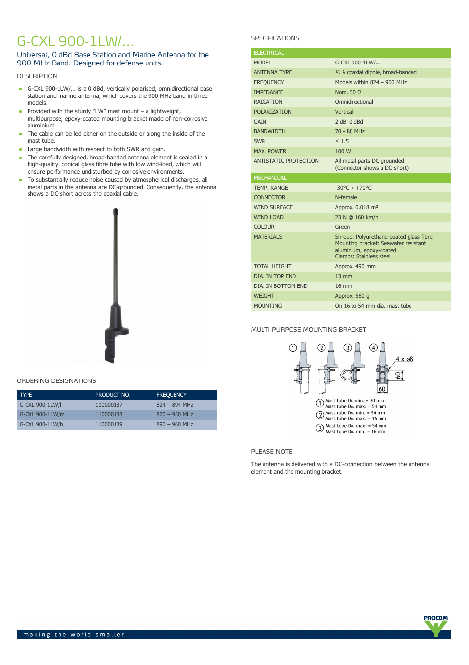 Procom G-CXL 900-1LW-... User Manual | 2 pages