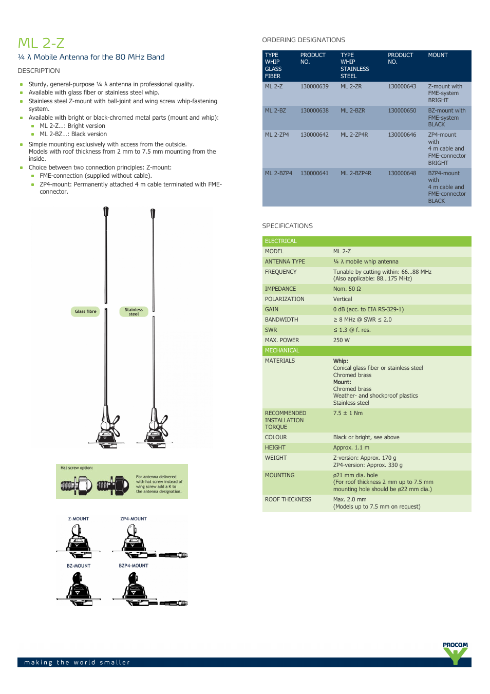 Procom ML 2-Z User Manual | 2 pages