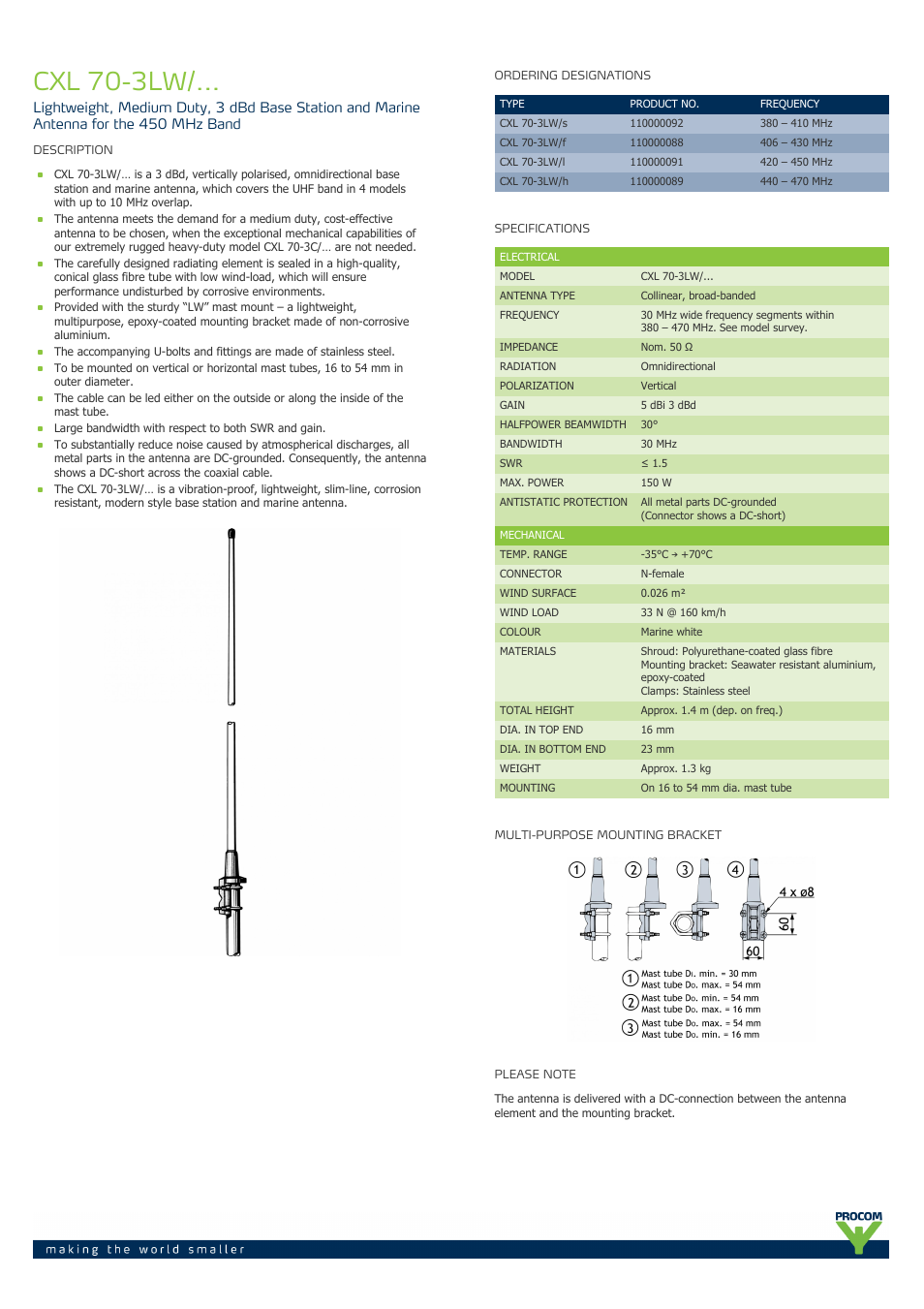 Procom CXL 70-3LW-... User Manual | 2 pages