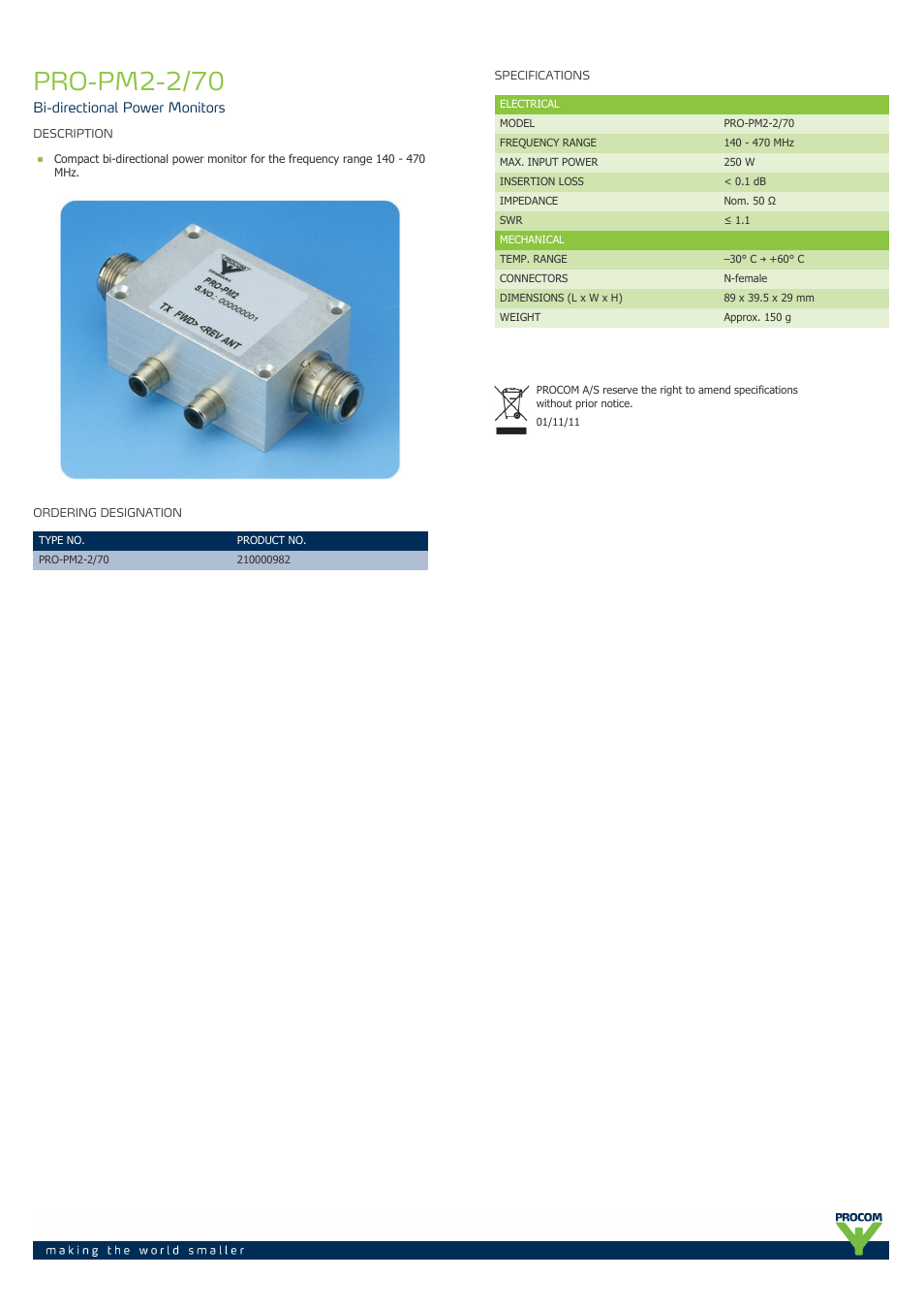 Procom PRO-pm2-2-70 User Manual | 1 page