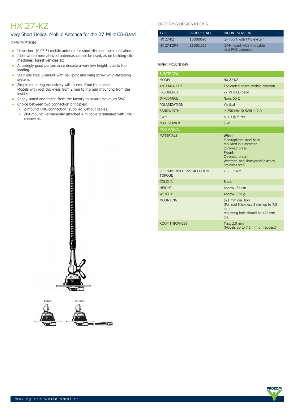 Procom HX 27-KZ User Manual | 2 pages