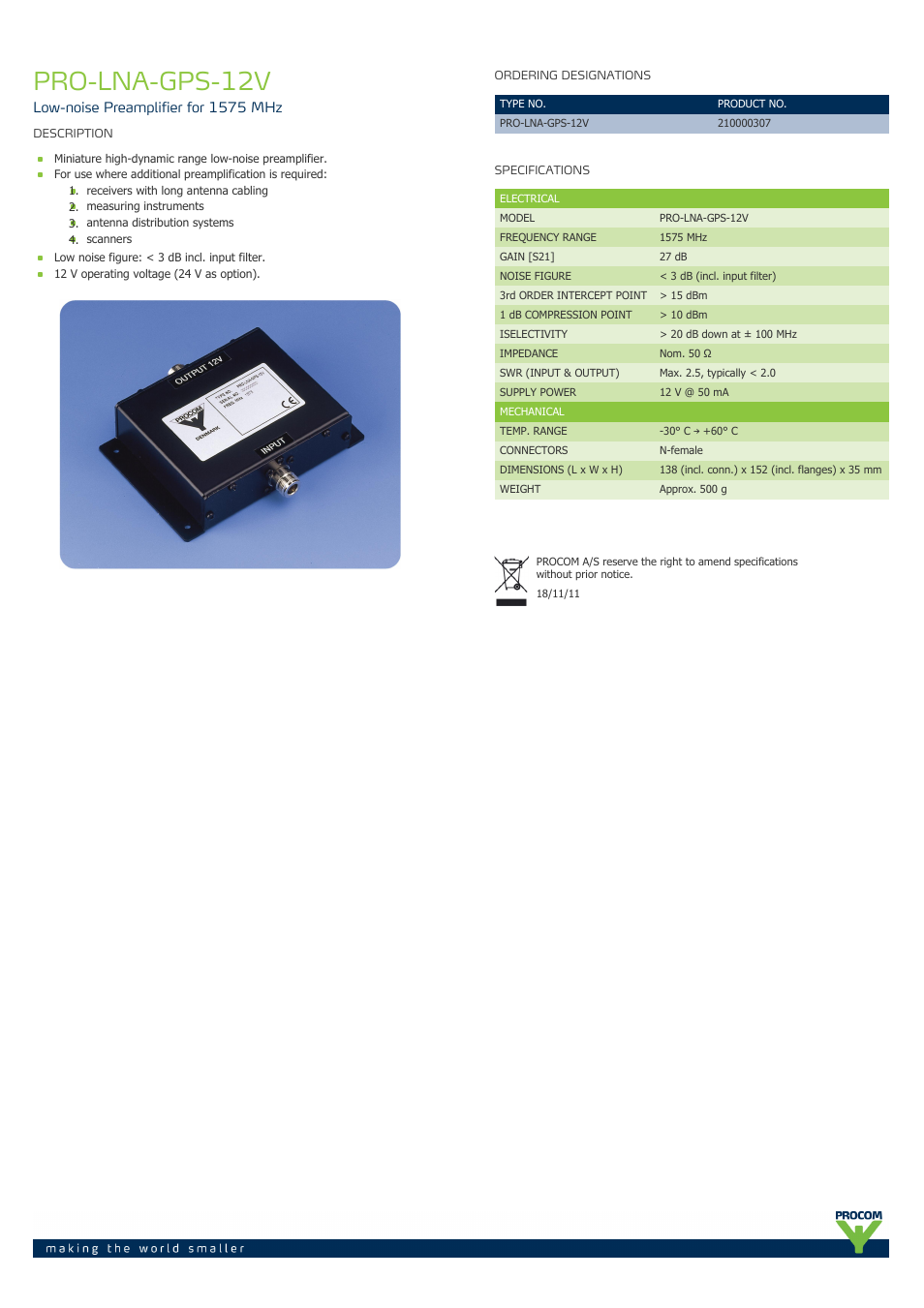Procom PRO-lna-gps-12v User Manual | 1 page