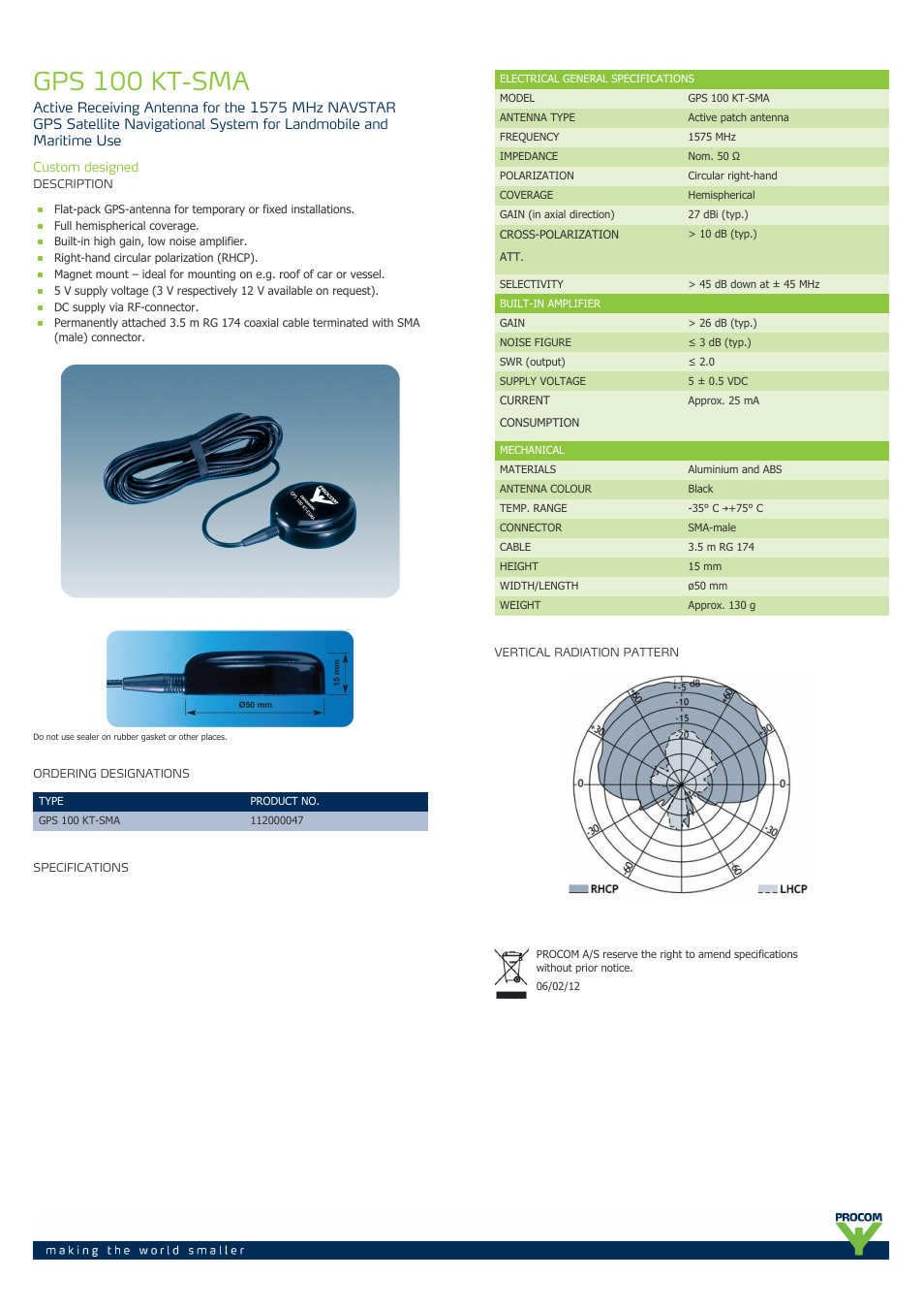 Procom GPS-100-kt-sma User Manual | 1 page