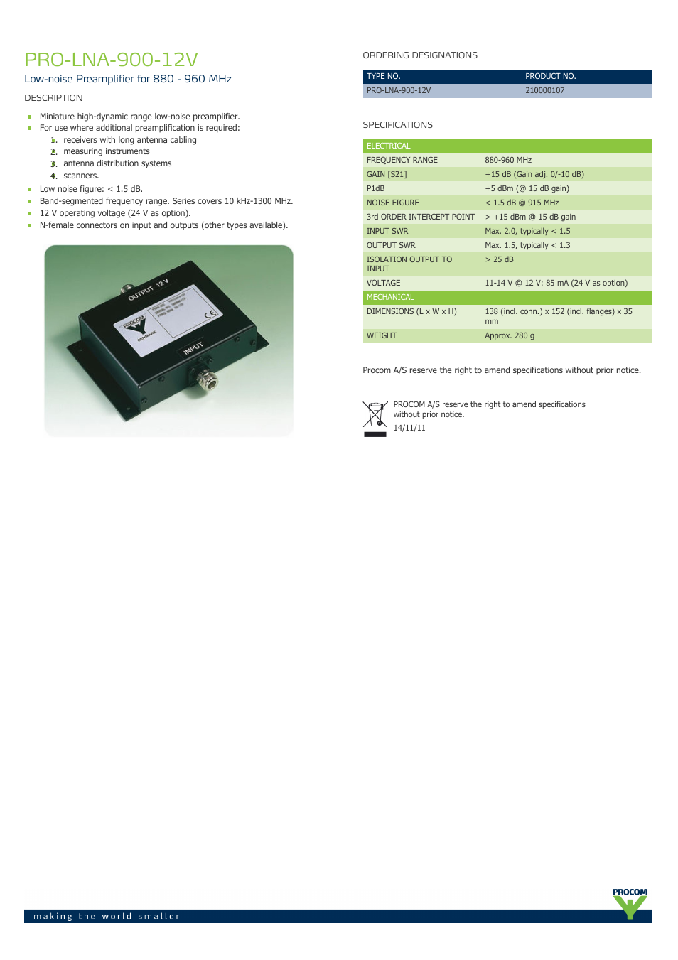 Procom PRO-lna-900-12v User Manual | 1 page