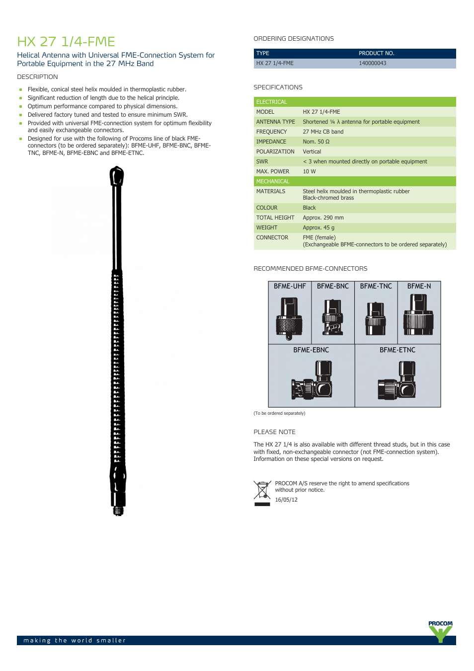 Procom HX 27-1-4-fme User Manual | 1 page