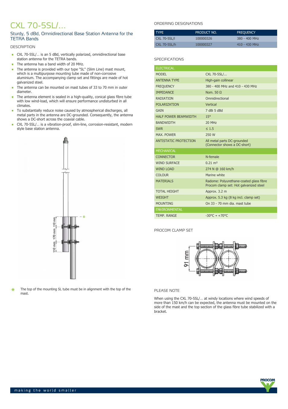 Procom CXL 70-5SL-... User Manual | 2 pages