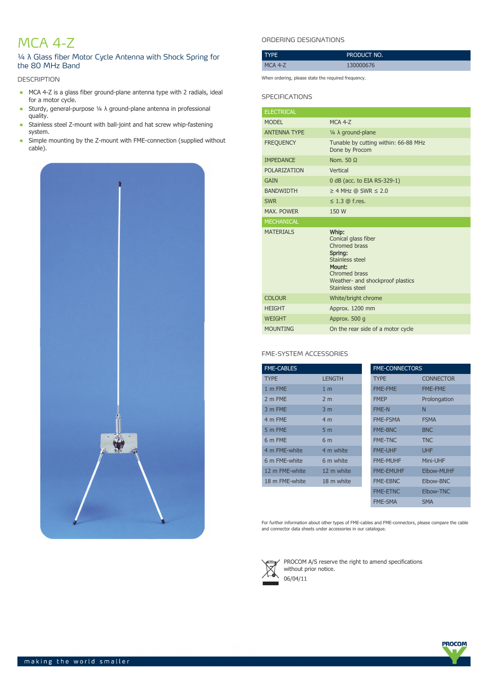 Procom MCA 4-Z User Manual | 1 page