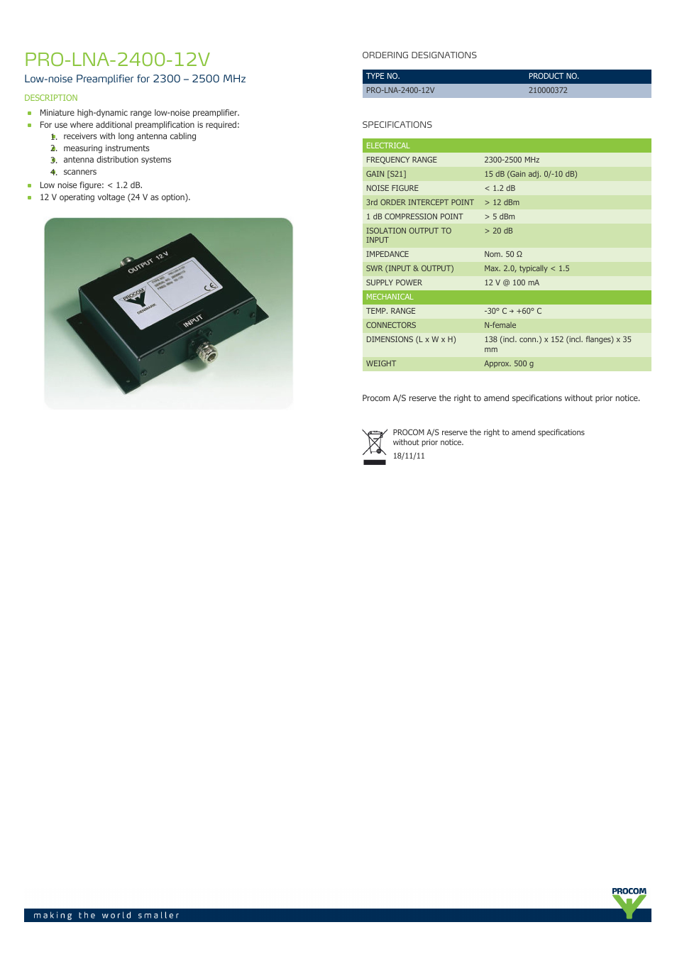 Procom PRO-lna-2400-12v User Manual | 1 page