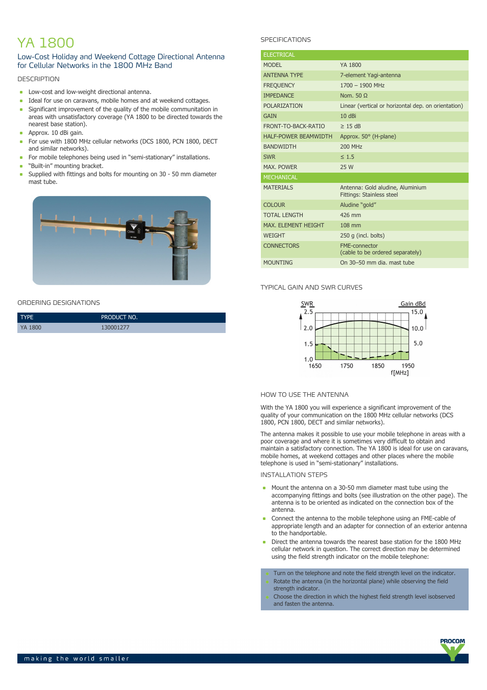 Procom YA 1800 User Manual | 2 pages