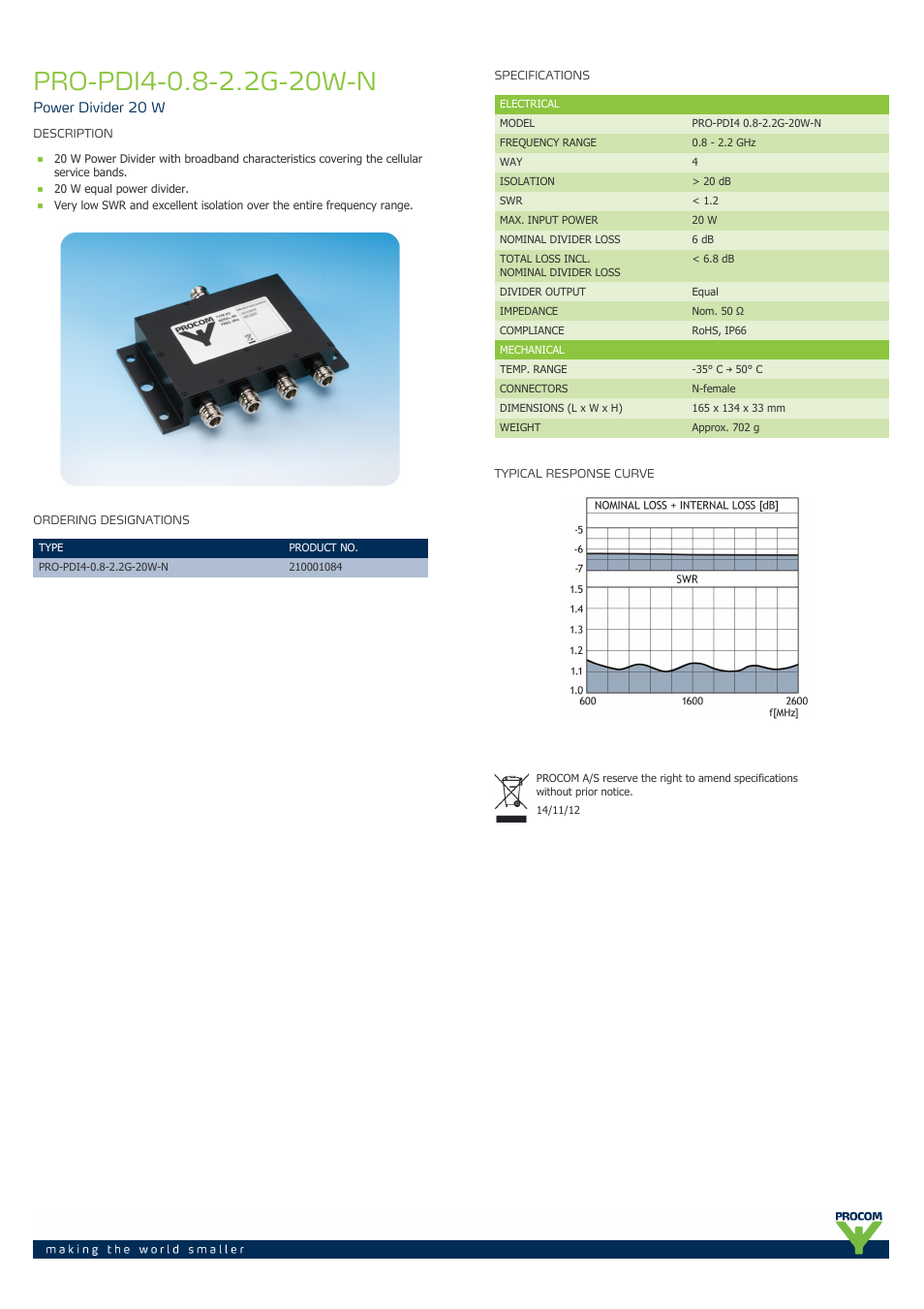 Procom PRO-pdi4-0.8-2.2g-20w-n User Manual | 1 page