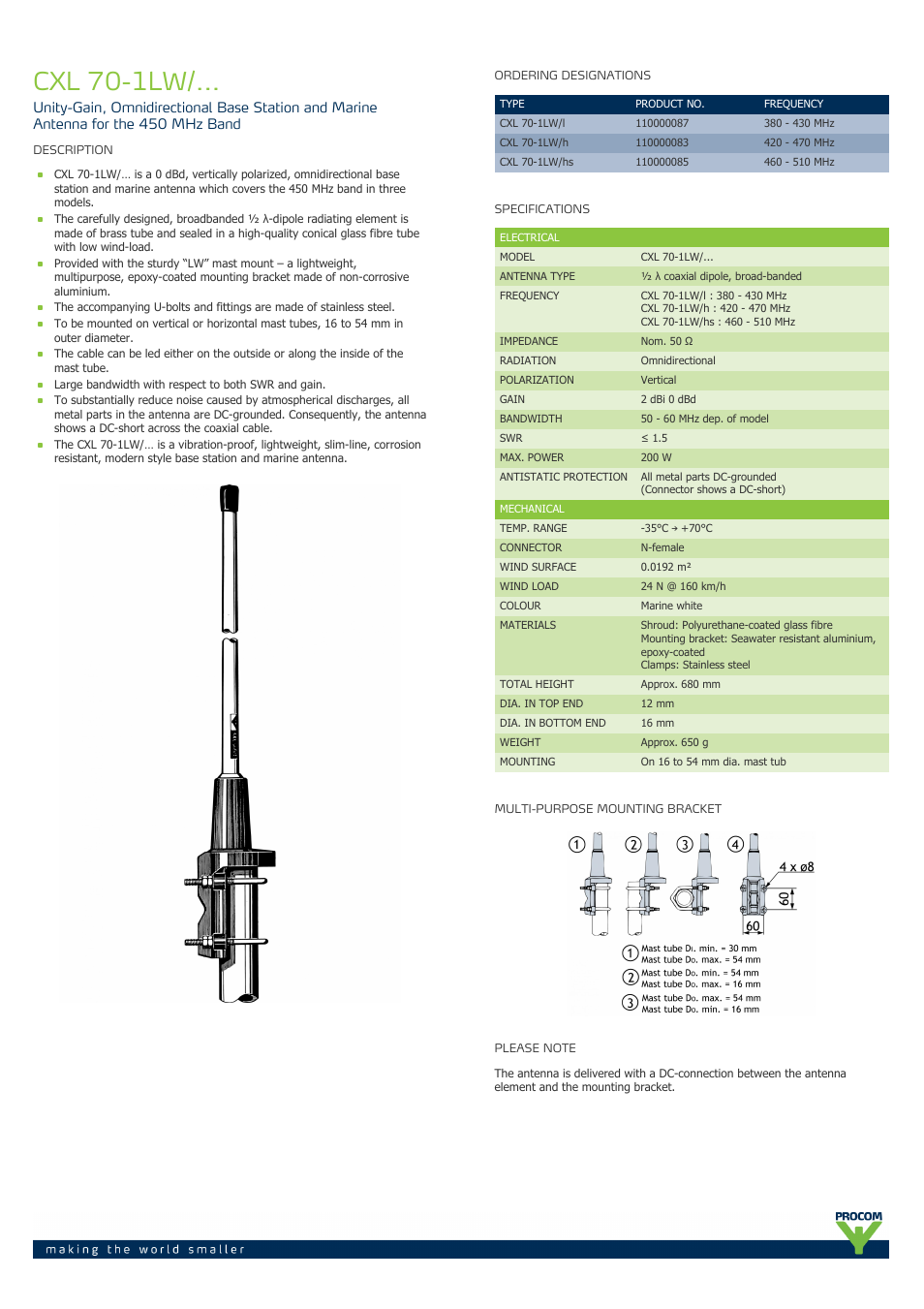 Procom CXL 70-1lw-... User Manual | 2 pages