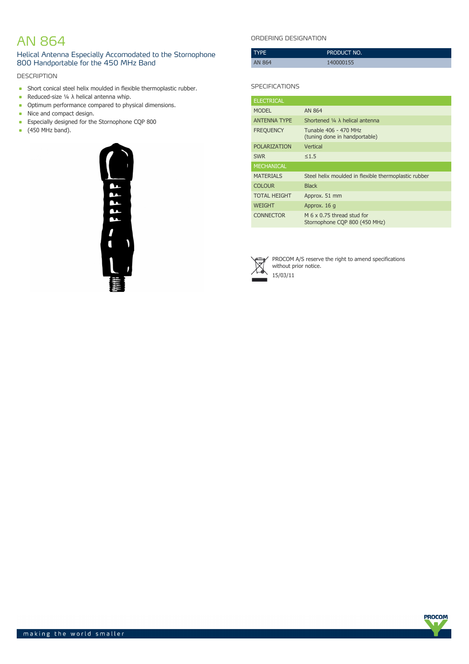 Procom AN 864 User Manual | 1 page