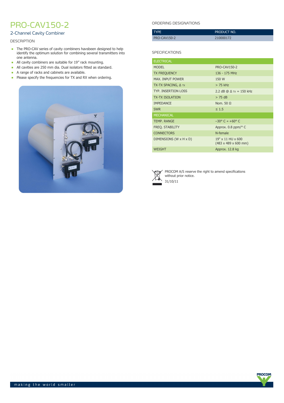 Procom PRO-cav150-2 User Manual | 1 page